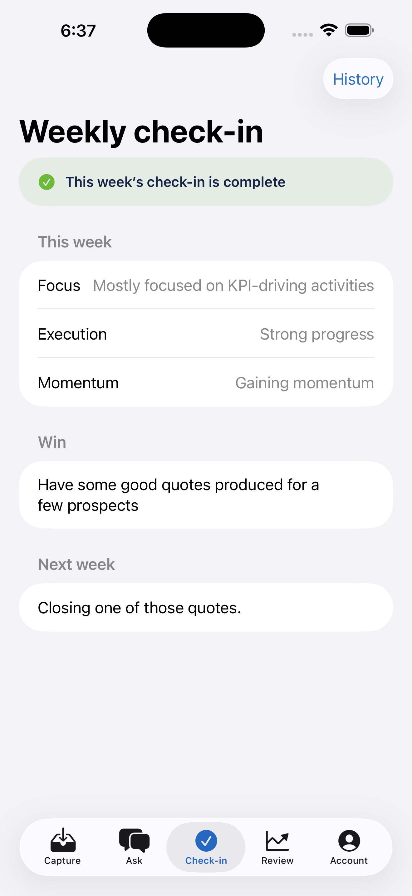 Weekly owner check-in completed on iPhone