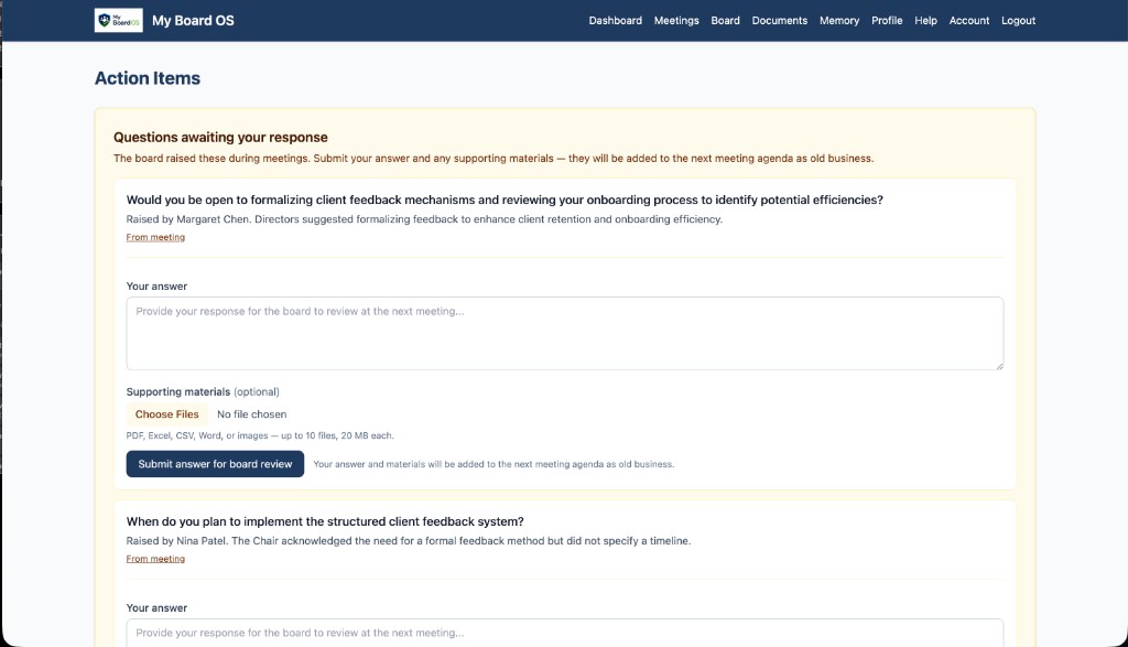 Action items and questions awaiting chair response