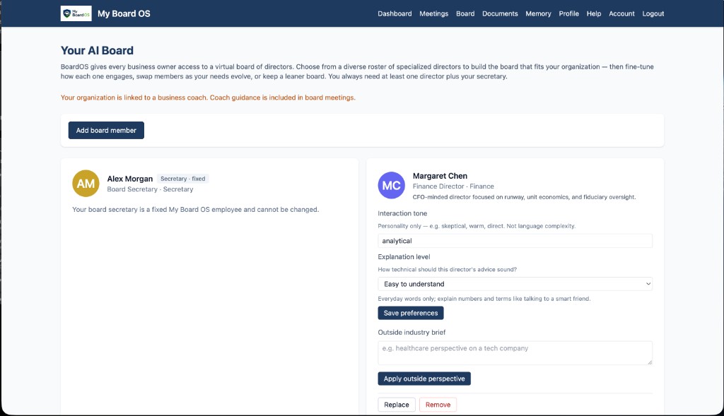 AI board roster with specialized directors for finance, HR, marketing, and more